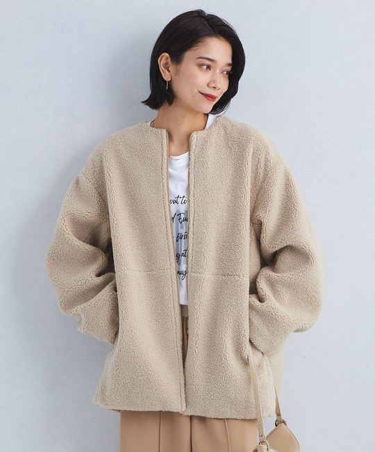 【グリーンレーベルリラクシング】［size SHORTあり］ボア ノーカラー ブルゾン