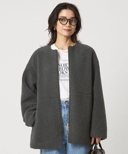 【グリーンレーベルリラクシング】［size SHORTあり］ボア ノーカラー ブルゾン