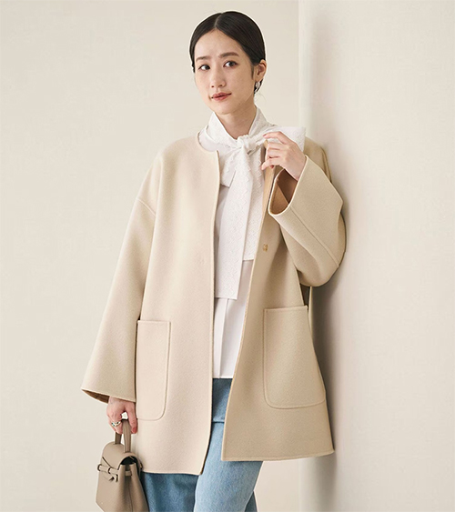 【ユナイテッドアローズ】バイカラー リバー ミドルコート　OFF WHITE