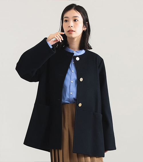 【デミルクス ビームス】ソフトメルトン ノーカラーコート　NAVY