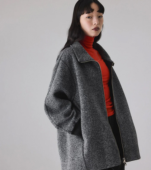 【アダム エ ロペ】ヘリンボンツイードボンディングコーディガン　ブラック系(02)