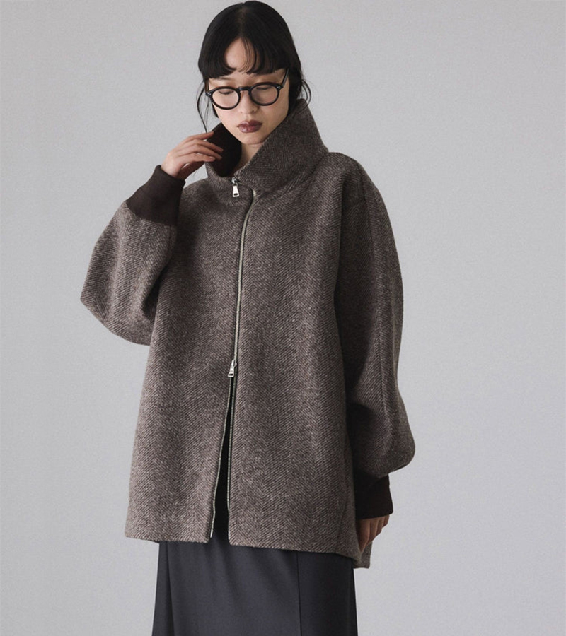 【アダム エ ロペ】ヘリンボンツイードボンディングコーディガン