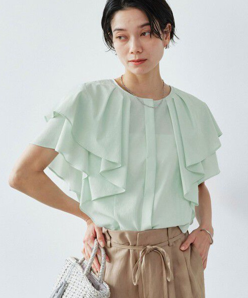 【グリーンレーベルリラクシング】Breeze Cool ラッフル ブラウス マシンウォッシャブル 吸水速乾 通気性 UVカット