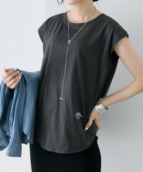 【ピュアルセシン】【汗ジミ防止加工】ワンポイントロゴ刺繍フレンチスリーブTシャツ