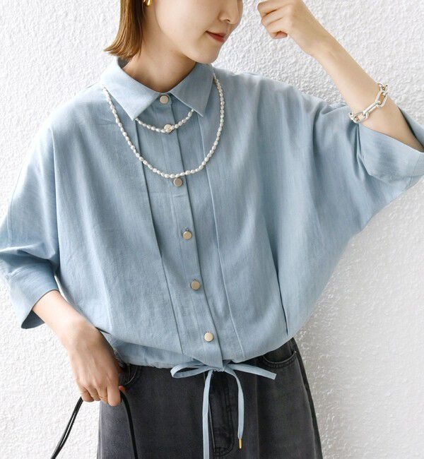 《追加予約》【WEB限定】〈手洗い可能〉デニム ライク タック 裾 ドロスト 羽織 シャツ