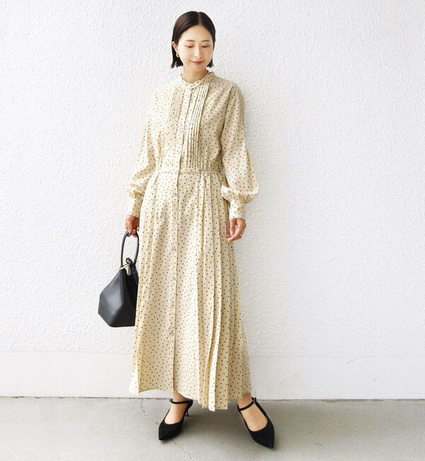 〈手洗い可能〉ドット / 花柄 バンドカラー サイド プリーツ ワンピース