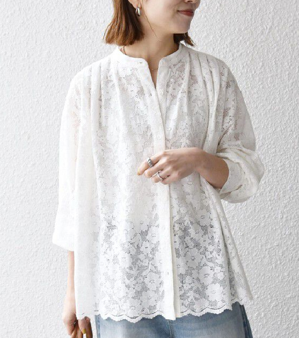 【SHIPS】《追加予約》SHIPS any:〈手洗い可能〉フラワー メッシュ レース バンドカラー タック シャツ