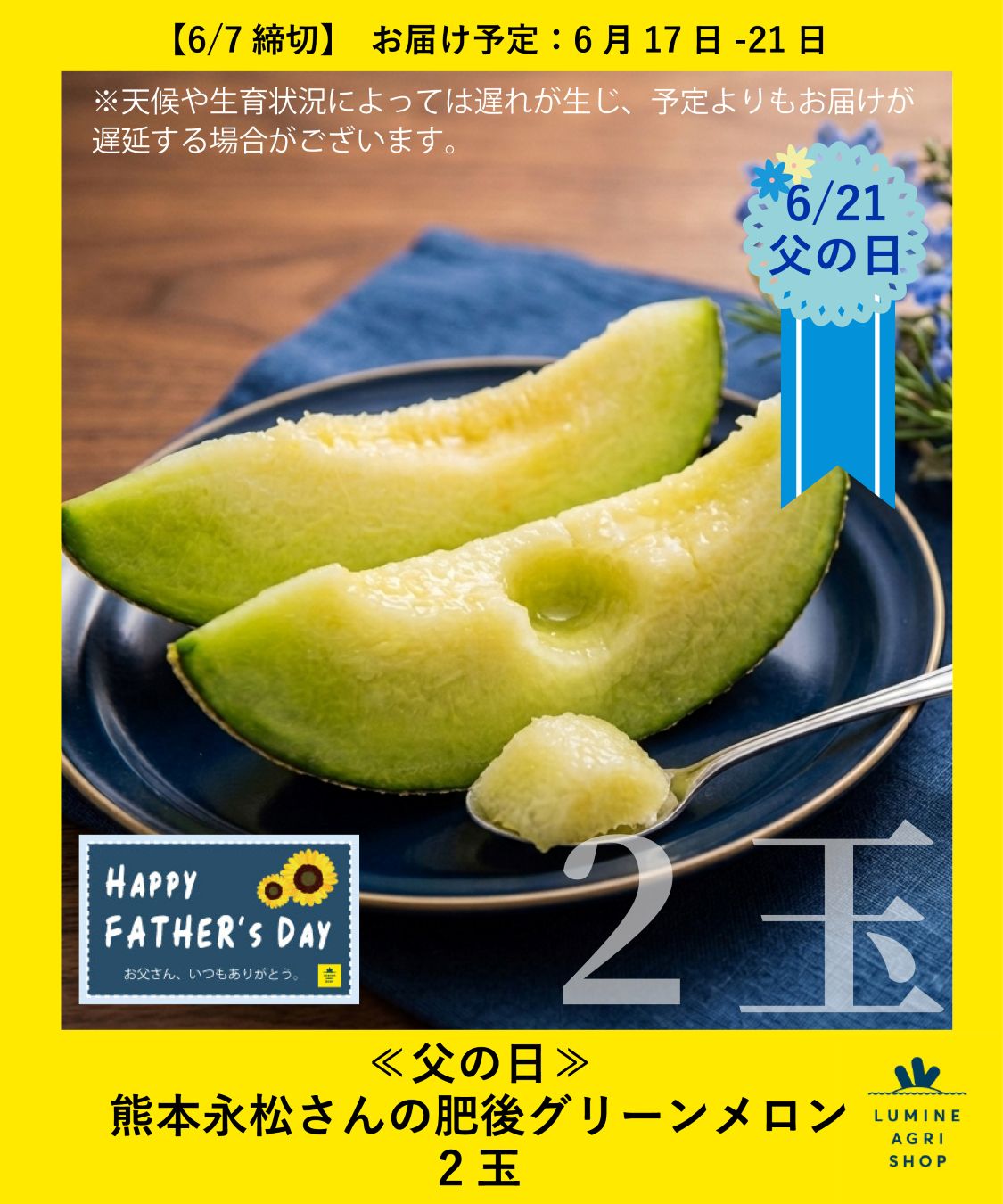 【LUMINE AGRI SHOP】《父の日》熊本永松さんの“肥後グリーンメロン”2玉